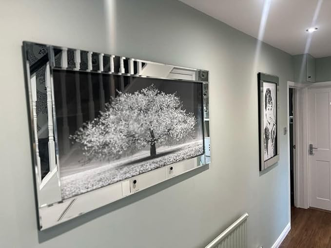 Blossom Tree 3D Glitter Liquid Wall Art 85x45cm Mirrored Frame Silver