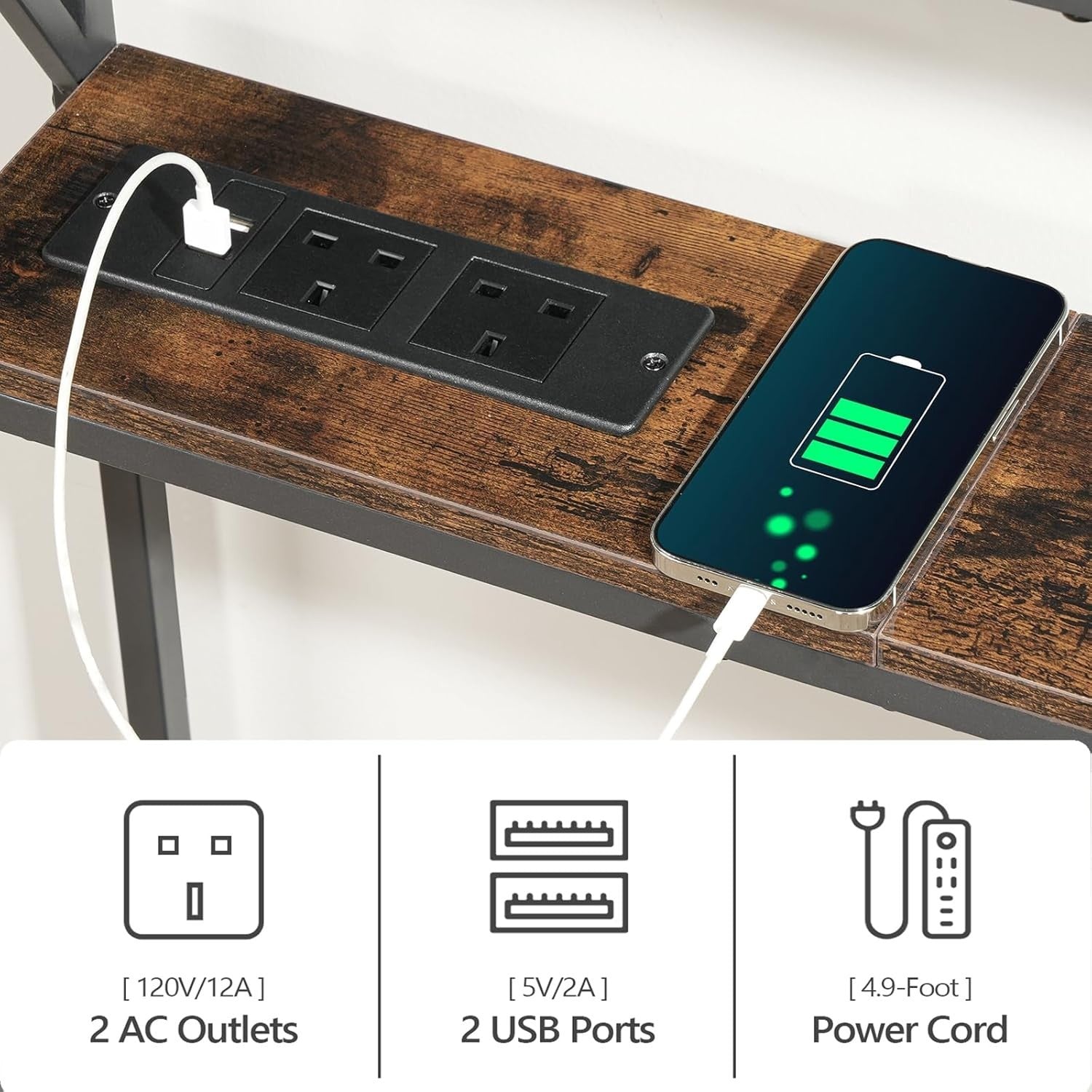 Narrow Sofa Table with Charging Station & USB Outlets, 100cm Console