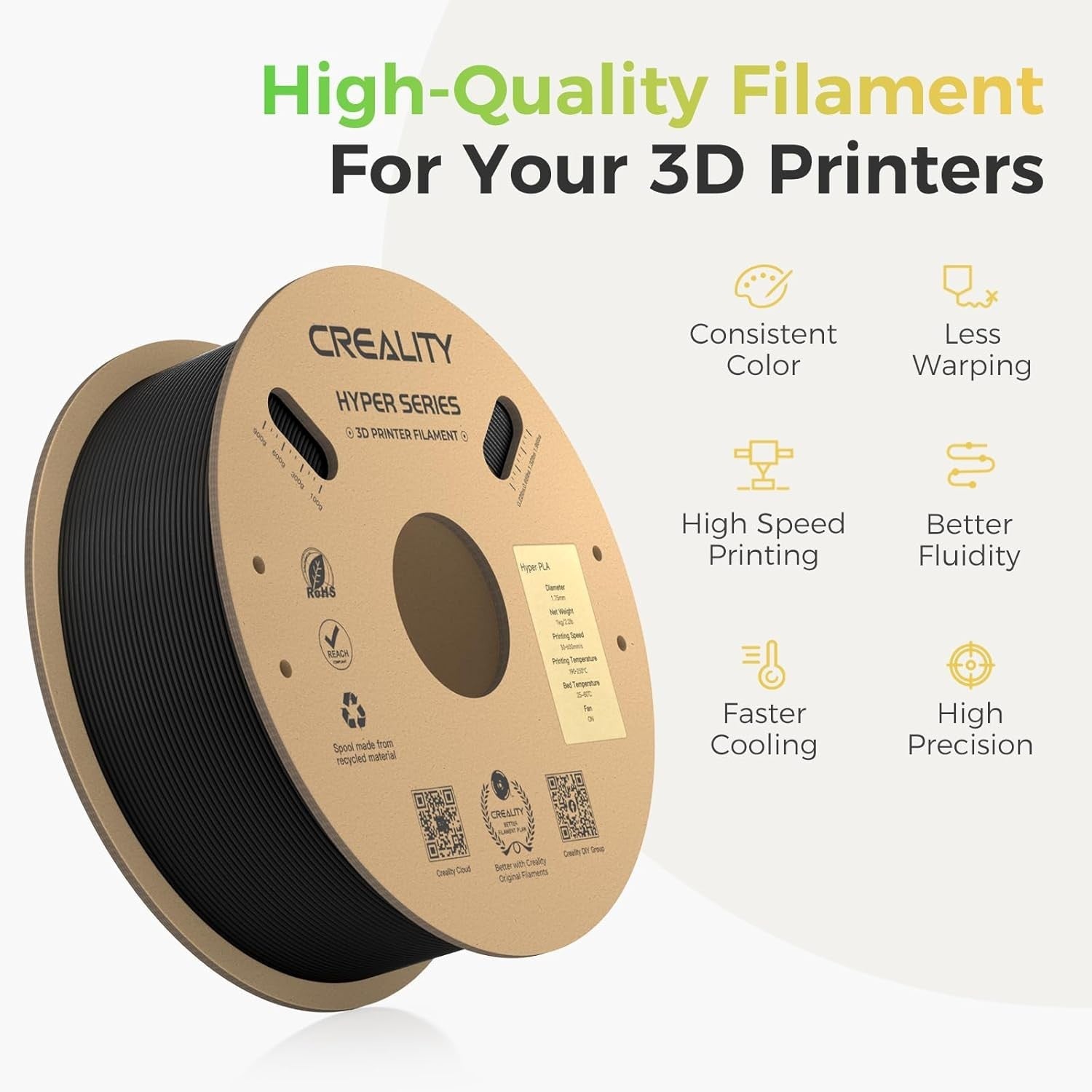 Hyper PLA Filament 4KG High Speed 600mm/s Black 1.75mm ±0.03mm