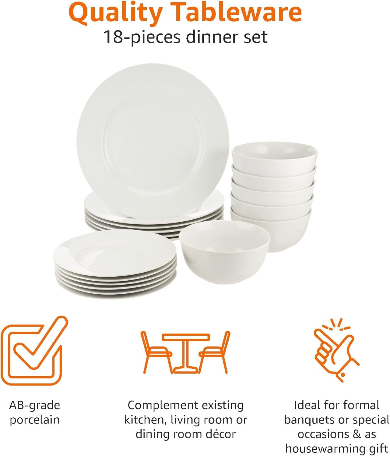 18pc Porcelain Dinnerware Set White Plates Bowls Microwave Dishwasher
