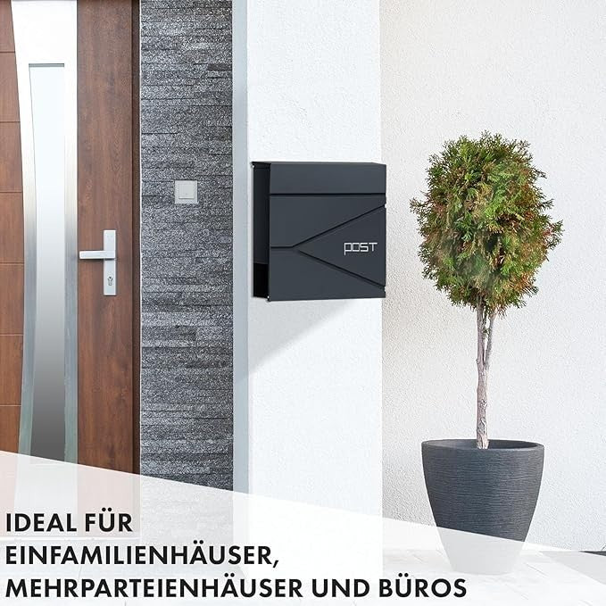 Lockable Wall Letterbox w/ Newspaper Holder – Weatherproof Steel, C4 Slot