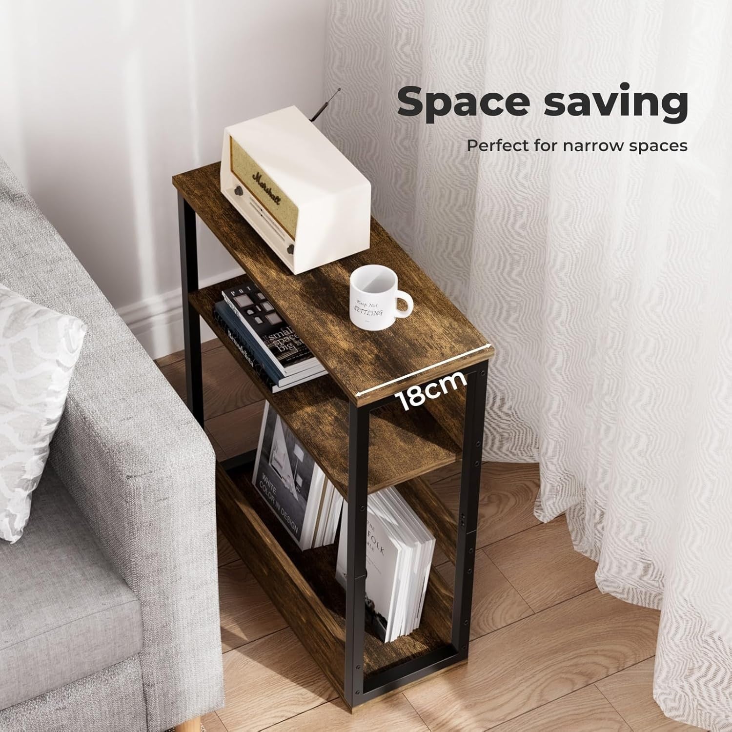 Space-Saving 3-Tier Side Table with Storage Shelf for Narrow Rooms Brown