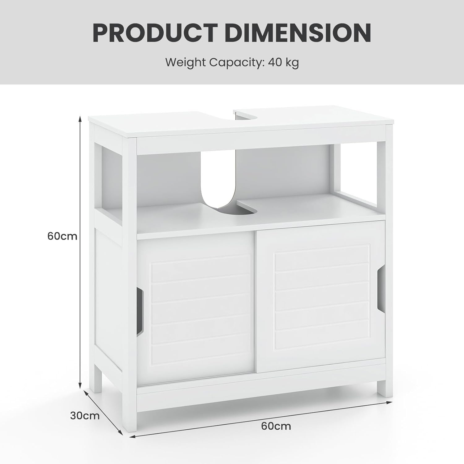 White Under Sink Bathroom Cabinet Sliding Door Storage Unit 60x60cm MDF