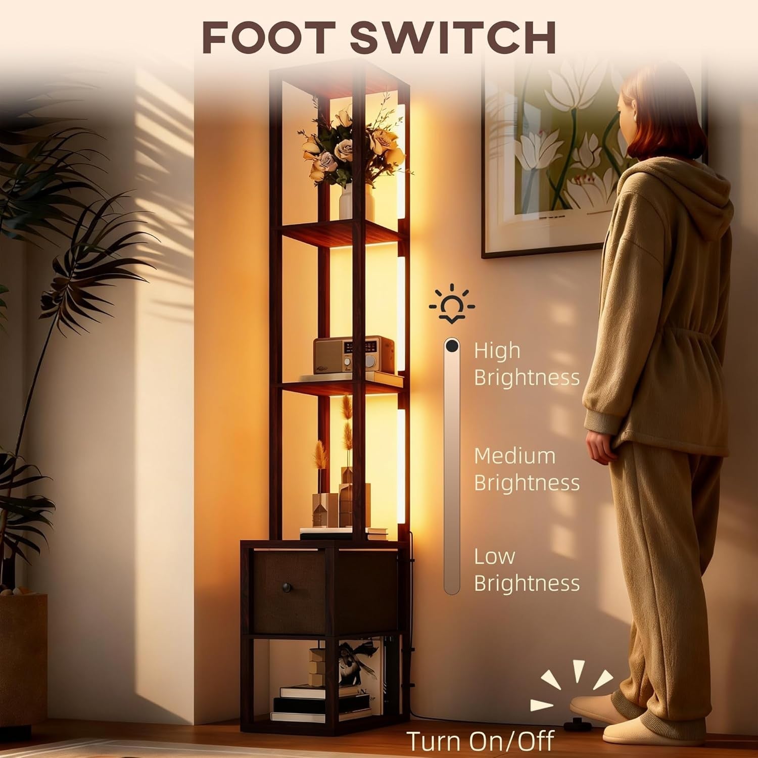 Floor Lamp with Shelves LED Column Storage Standing Lamp Adjustable Light