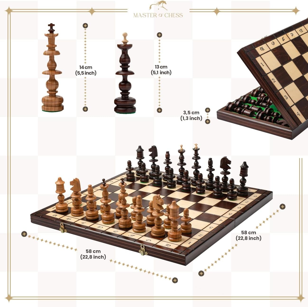 56cm Luxury Wooden Chess Set | Handcrafted Old Polish Design | Copper Inlay Boar