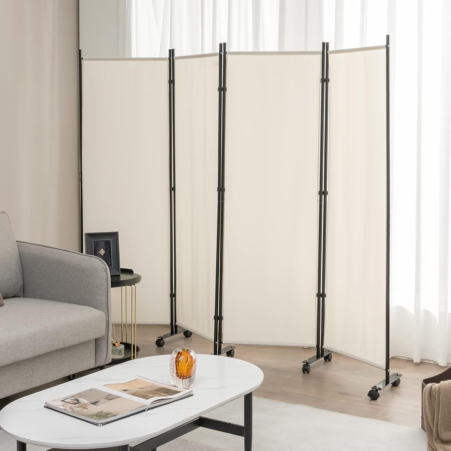 4-Panel White Folding Room Divider 224x30x172cm Privacy Screen Partition