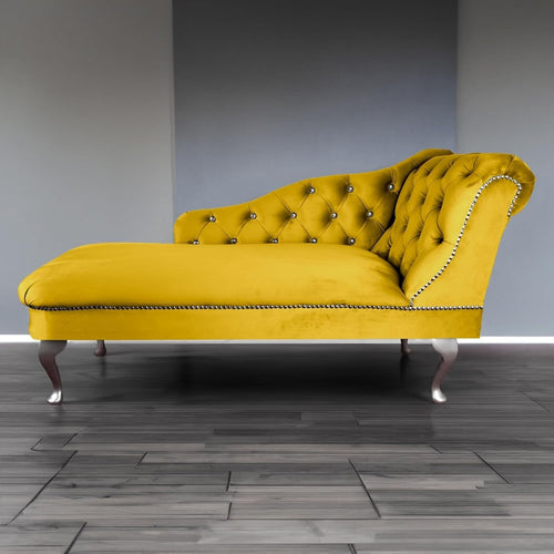 Velvet Chaise Lounge Sofa Right Hand Lemon – Tufted Seat, UK Handmade