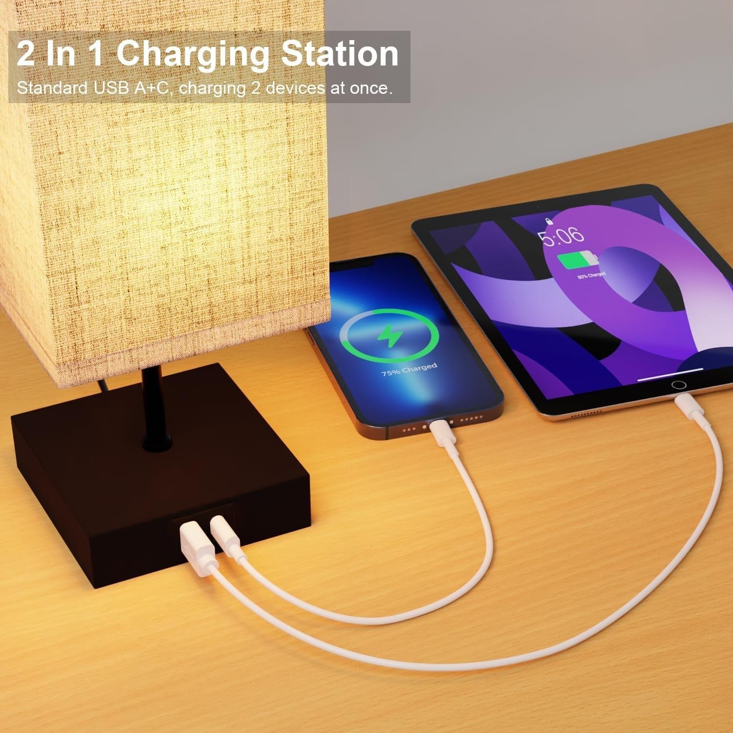 Touch Bedside Lamps Set of 2 USB A+C Dimmable Fabric Shade Nightstand