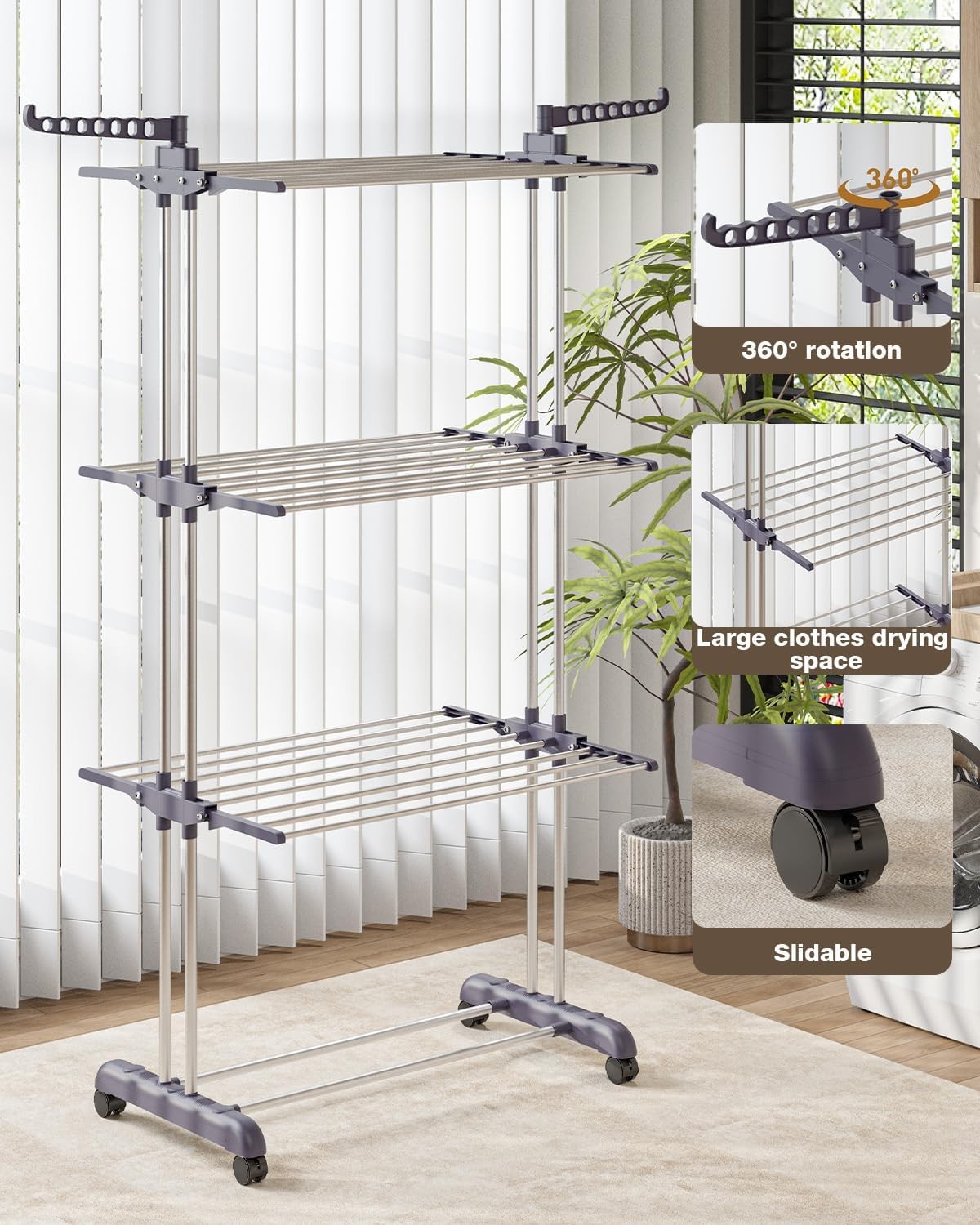 4 Tier Clothes Airer Folding Drying Rack With Wheels Stainless Steel
