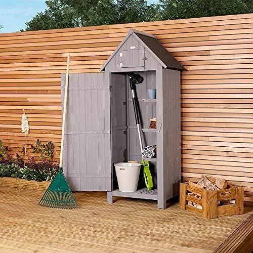 Slim Wooden Garden Storage Shed Tall Outdoor Tool Hutch with Shelves, Lock 179cm