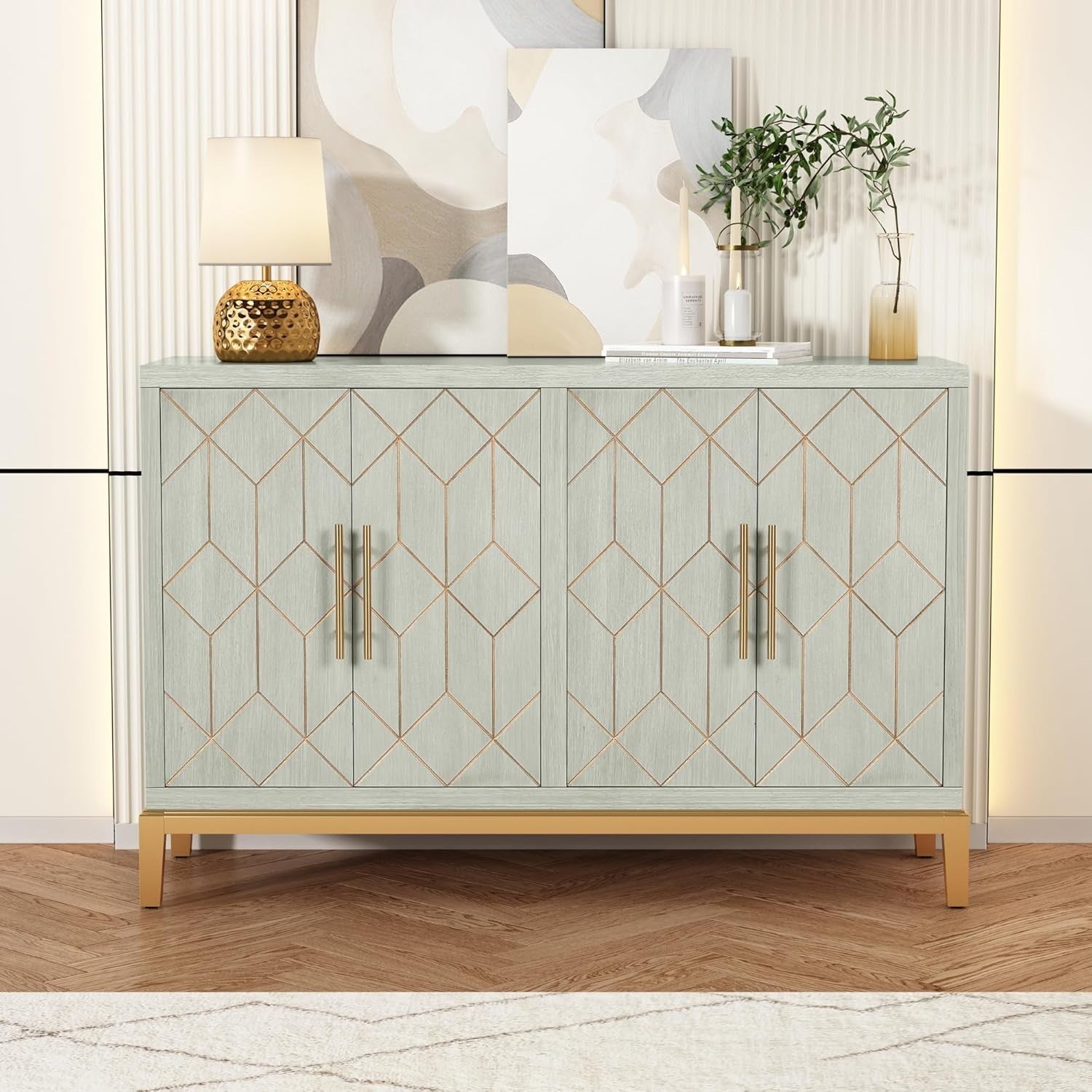 Luxury 4 Door Sideboard Cabinet Storage Unit Gold Trim Buffet Cupboard