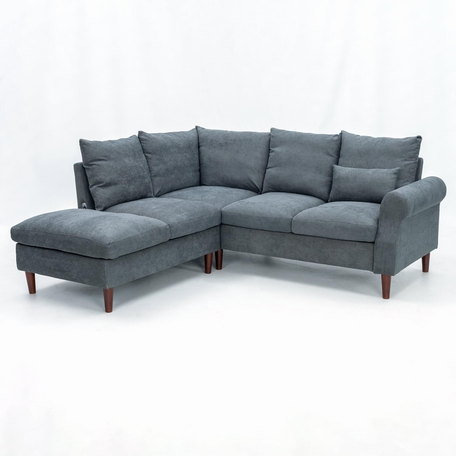 5 Seater Corner Sofa with Chaise & USB Charging Port – Grey Linen, 200x195cm
