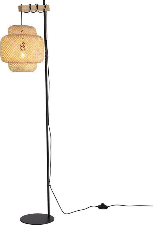 Boho Bamboo Floor Lamp with Foot Switch & Industrial Cake Shade
