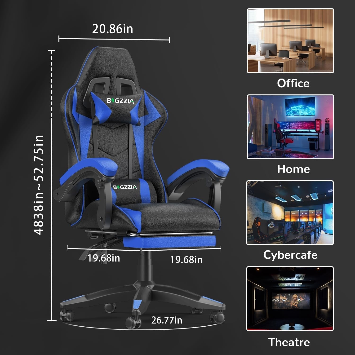 Ergonomic Gaming Chair Recliner w/ Footrest Lumbar Support Blue