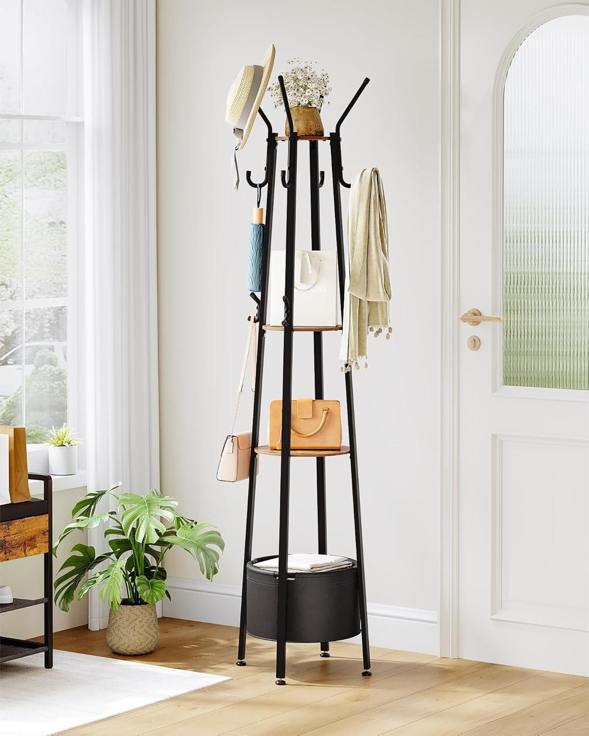 Rustic Brown Coat Rack with 16 Hooks & Shelves Metal Hall Tree Storage Stand