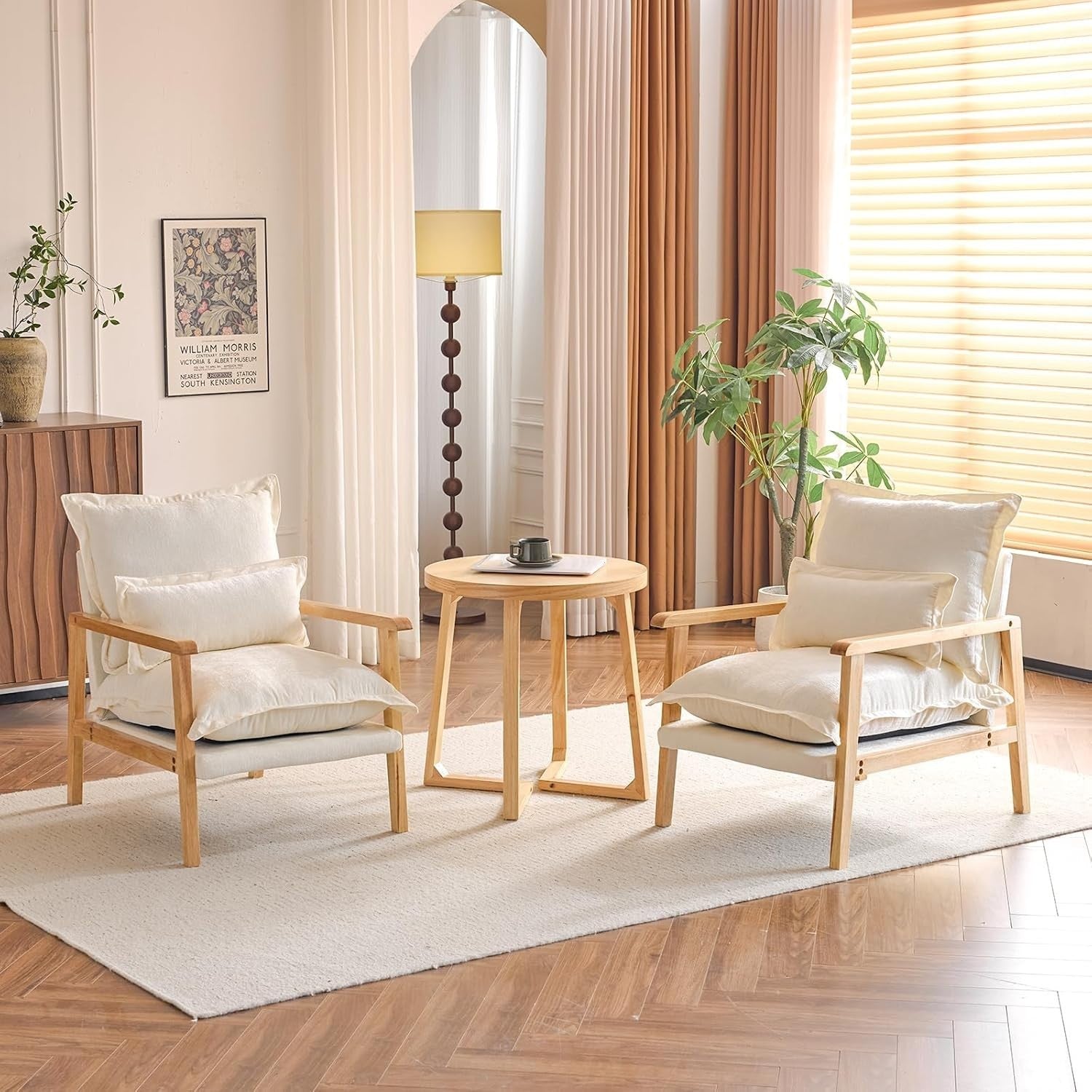 Cozy Mid-Century Modern Wooden Armchair with Lumbar Pillow & Thick Cushion