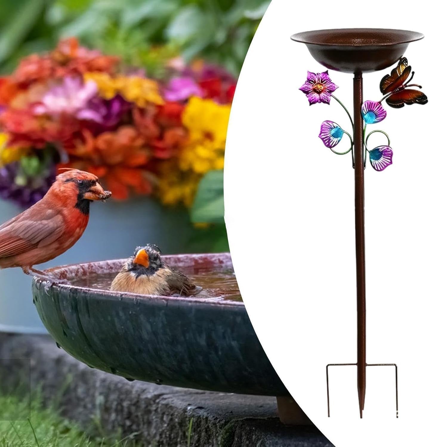 Outdoor Bird Bath Feeder Metal Butterfly Garden Stand Decor for Patio & Lawn