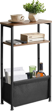 Slim 3-Tier Side Table with Storage Basket – Narrow Rustic Bedside/End Table for