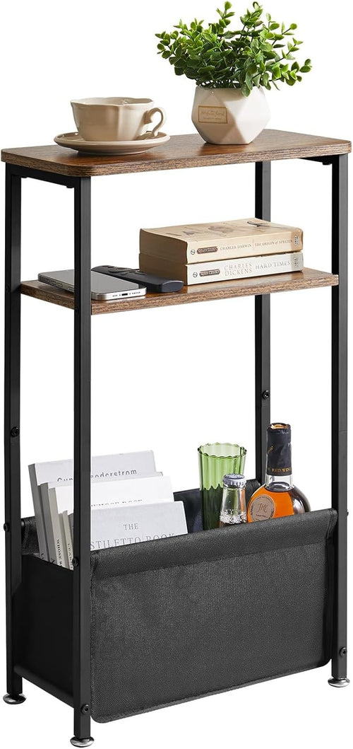 Slim 3-Tier Side Table with Storage Basket – Narrow Rustic Bedside/End Table for