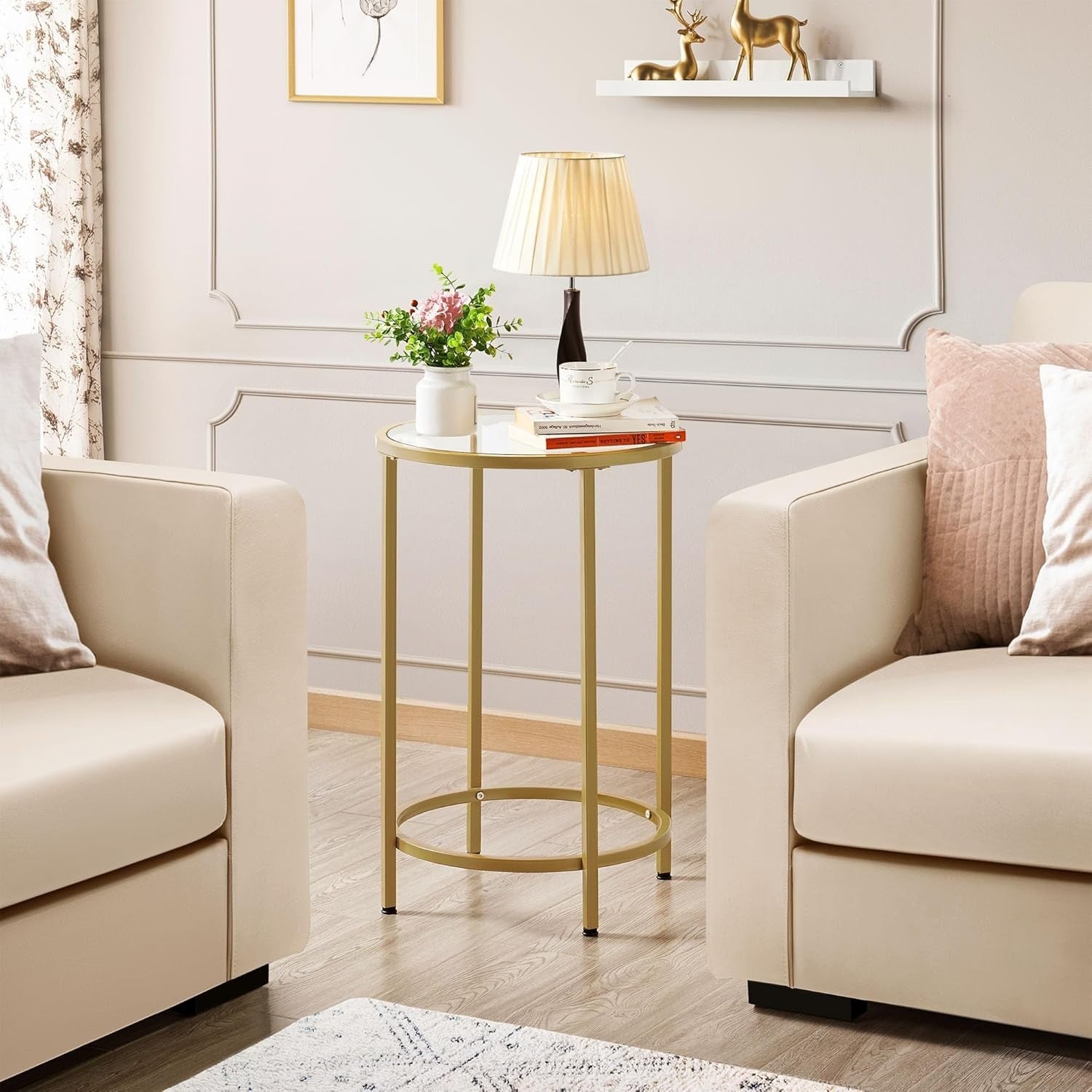 Round Tempered Glass Side Table with Metal Frame, 40.5cm Top, Durable & Stylish