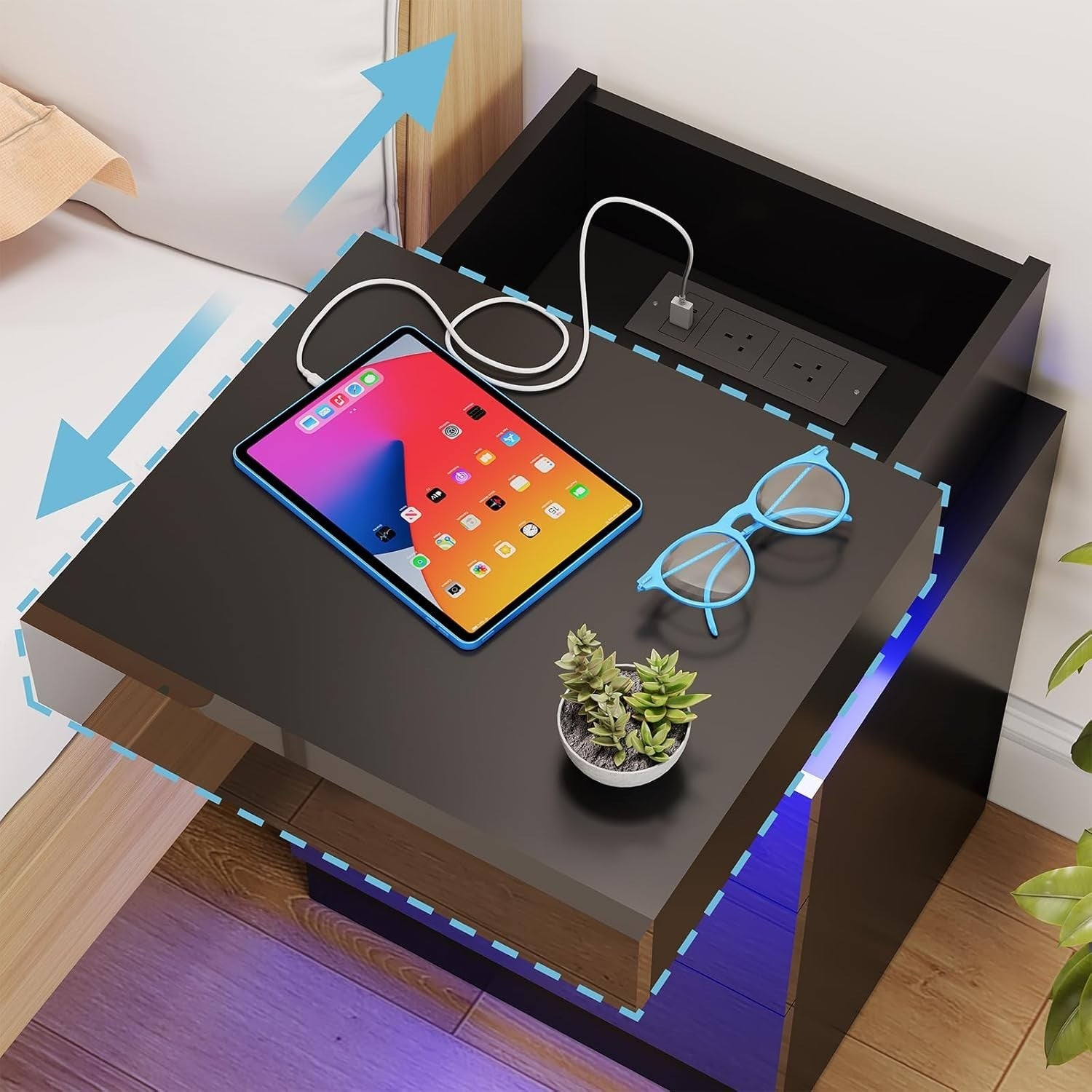 Modern LED Bedside Table with USB Charging, 3 Drawers, Hidden Storage
