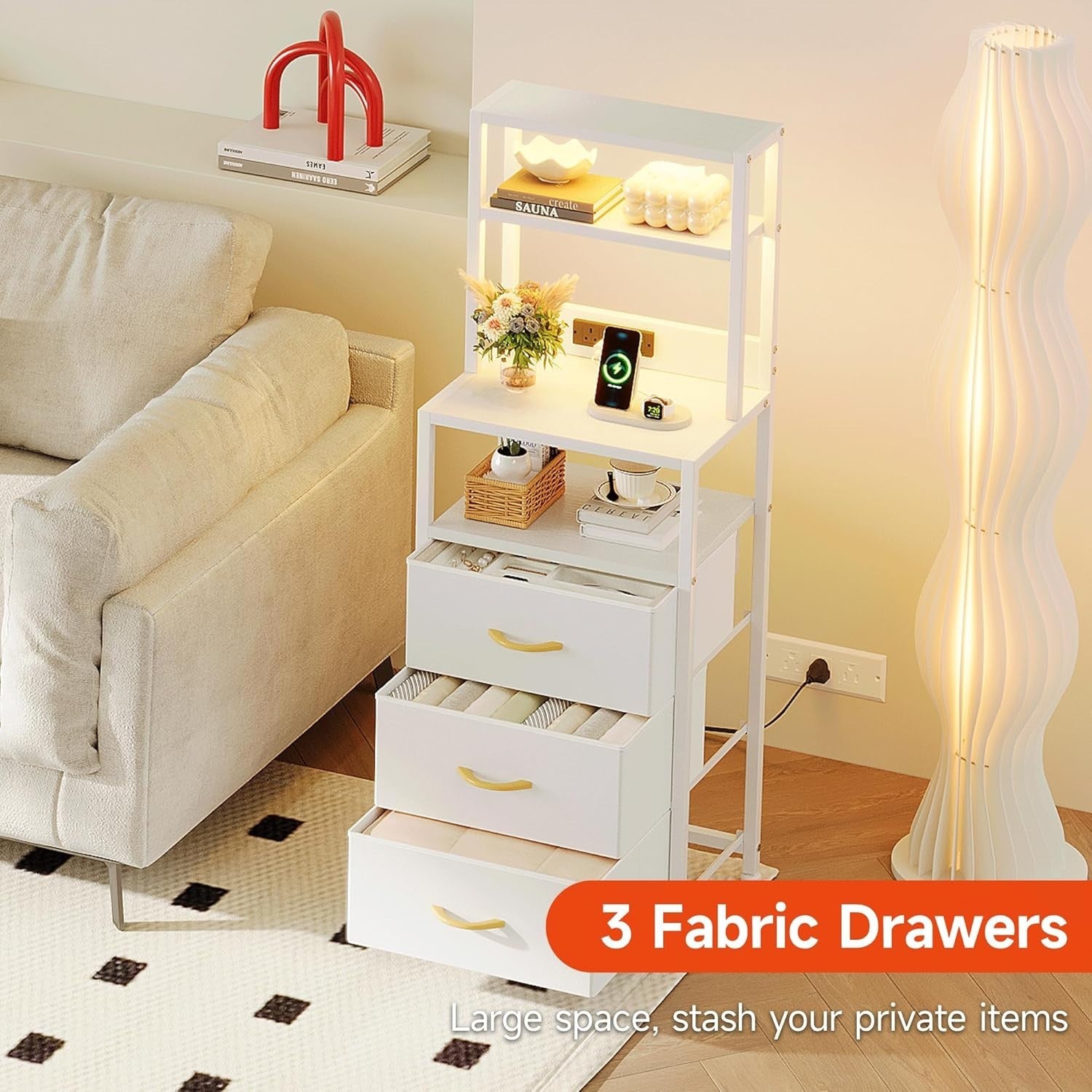 Tall Bedside Table with USB Charging, 3 Drawers + Shelves