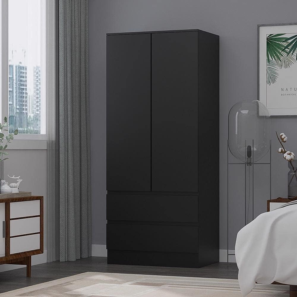 Matt Black 2-Door Wardrobe with 2 Drawers | Bedroom Storage & Clothes Organizer