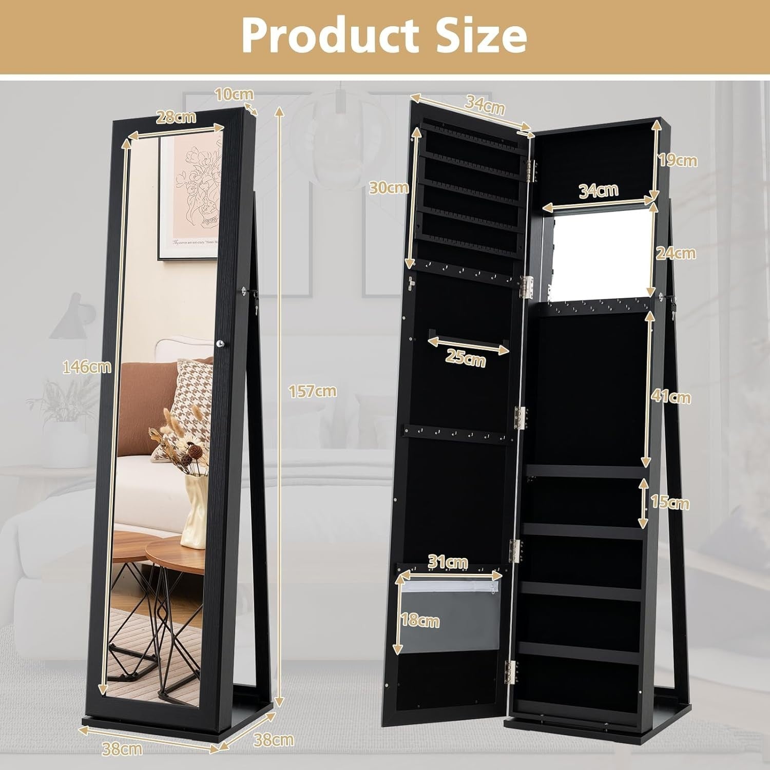 Rotating Jewelry Armoire Lockable Full Length Mirror Storage Cabinet