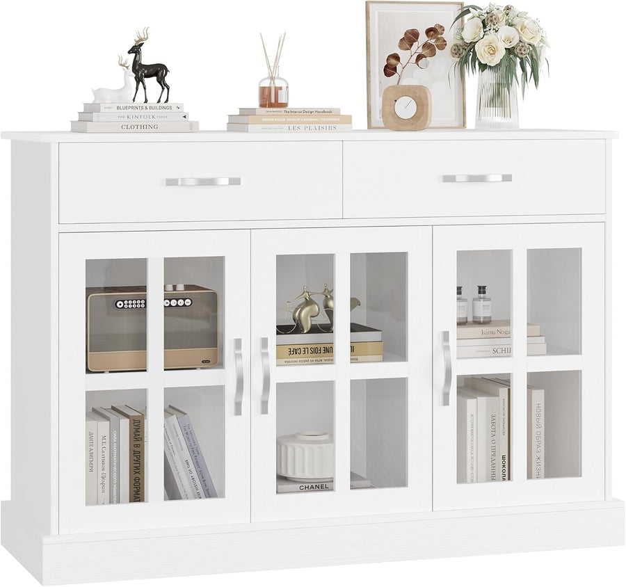 White Sideboard Cabinet Glass Doors Storage Unit with Drawers Shelves