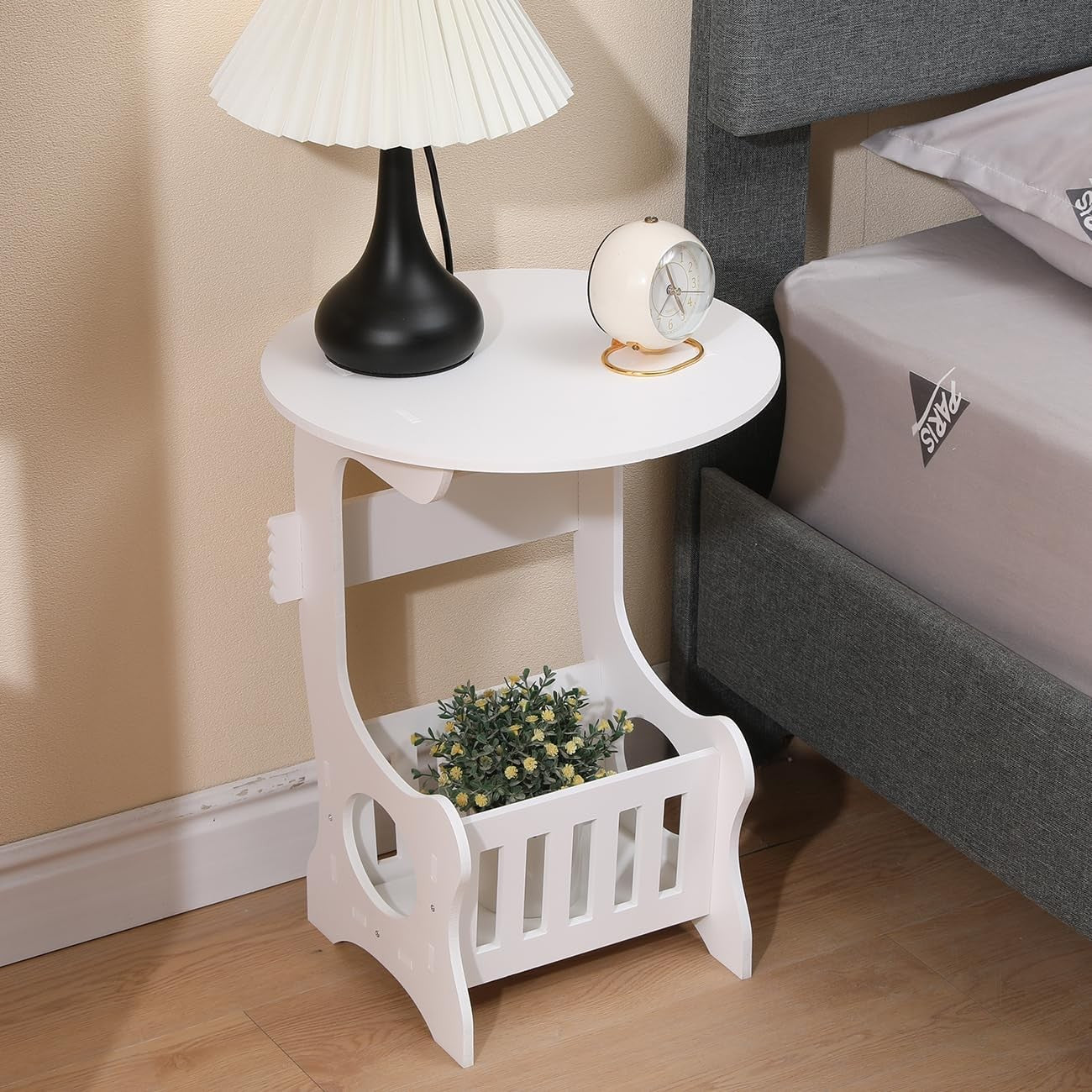 Round White Bedside Table with Shelf, Slim Corner Side Table for Small Spaces