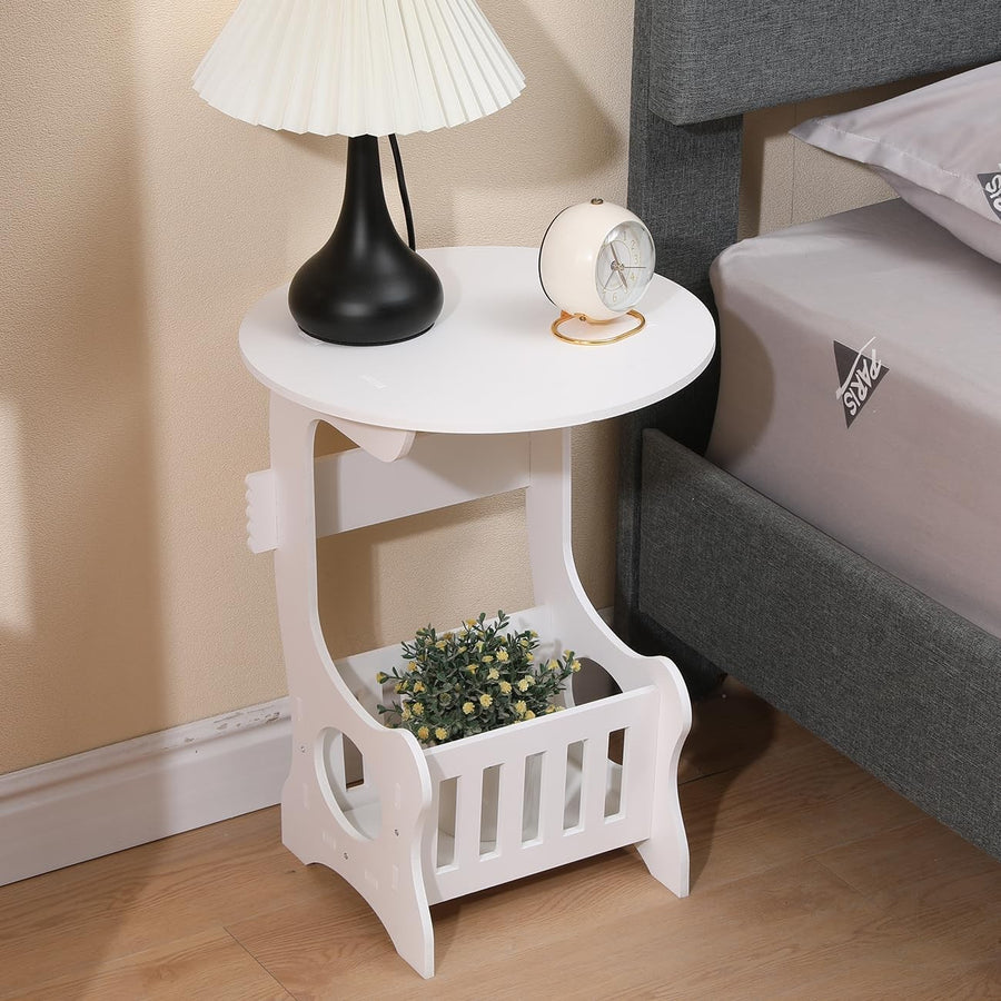 Round White Bedside Table with Shelf, Slim Corner Side Table for Small Spaces