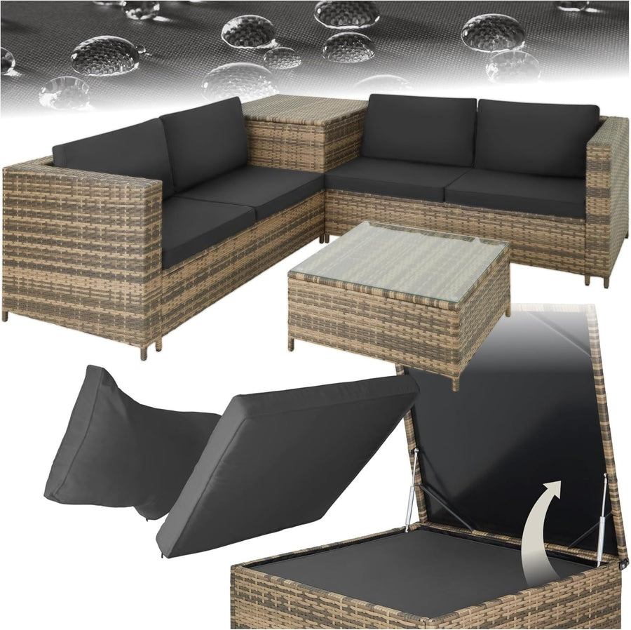 Rattan Garden Sofa Set with Thick Cushions & Storage Box - Patio Outdoor