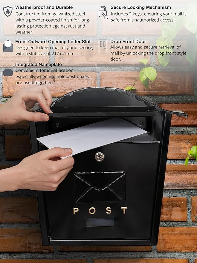 Lockable Cast Iron Wall Mailbox – Weatherproof Post Box for Home | Easy Install
