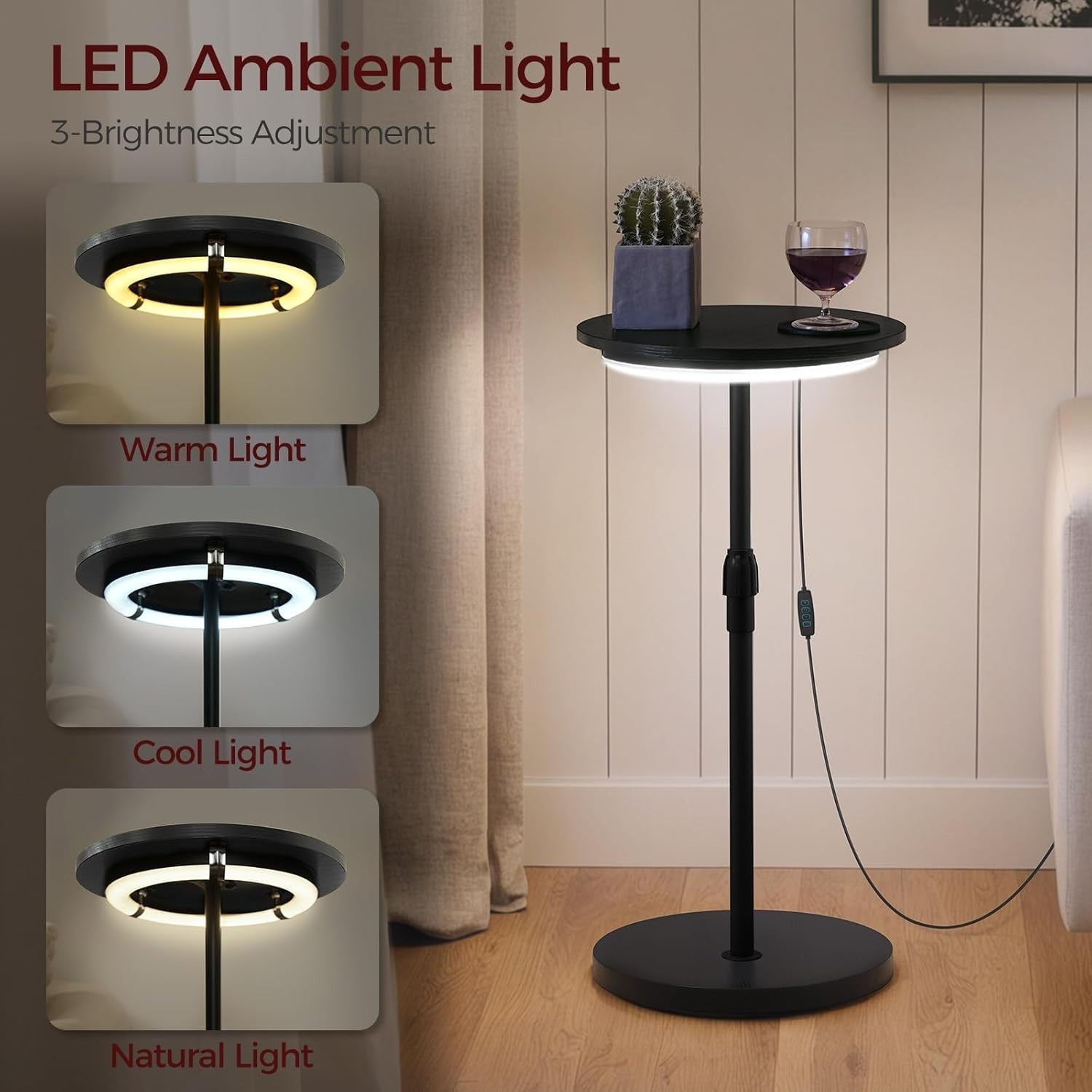 Adjustable Height Round Side Table with LED Light & Cup Holder, Compact 32cm