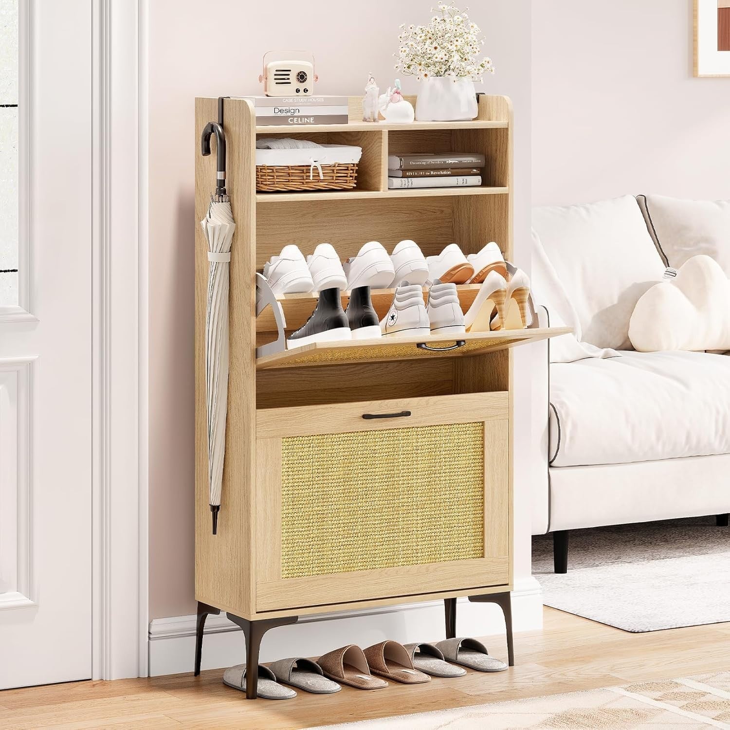 Compact Shoe Cabinet 2 Flip Drawers + Adjustable Dividers, Sturdy & Space-Saving