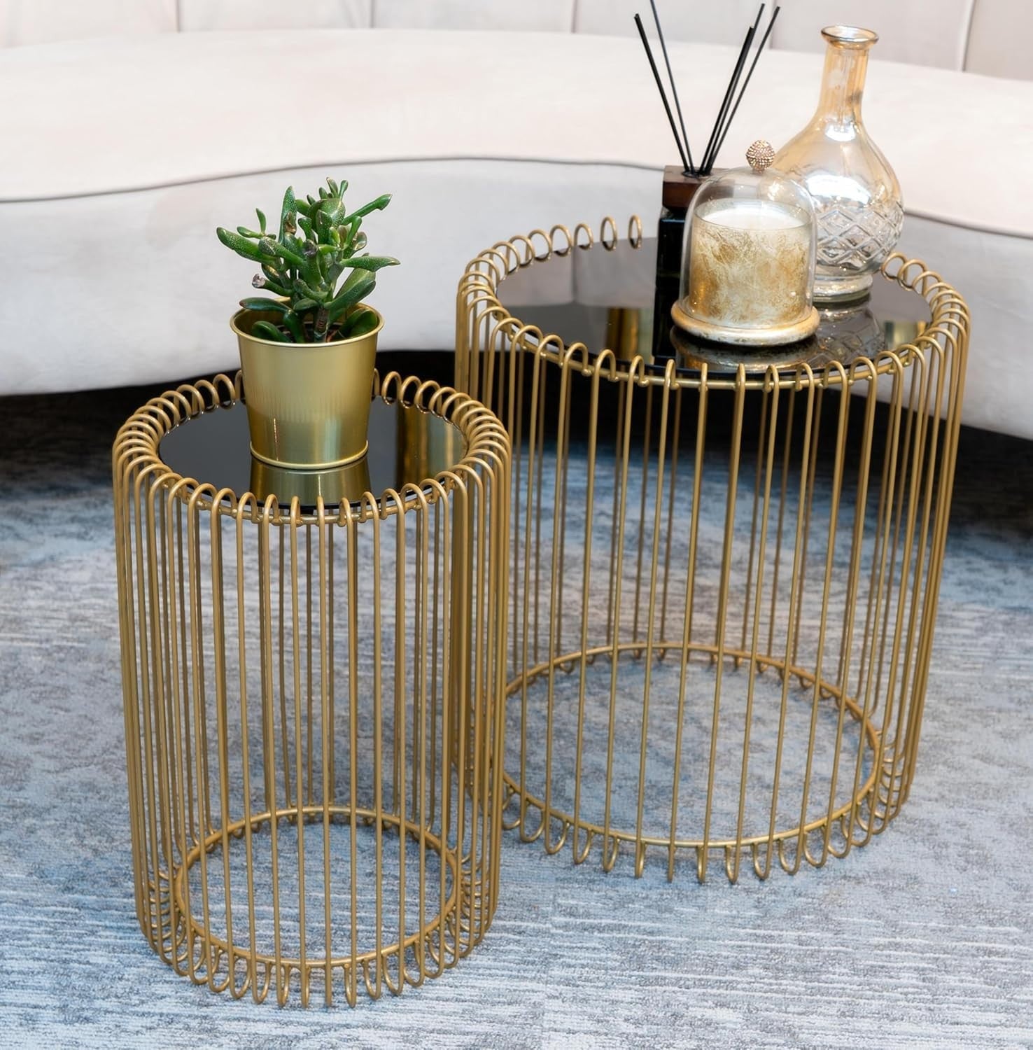 Round Gold Mirrored Side Table Black Glass Top Accent Coffee End Bedroom
