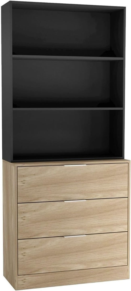 Oak & Black 80cm 3 Drawer Wooden Storage Cabinet & Display Bookcase