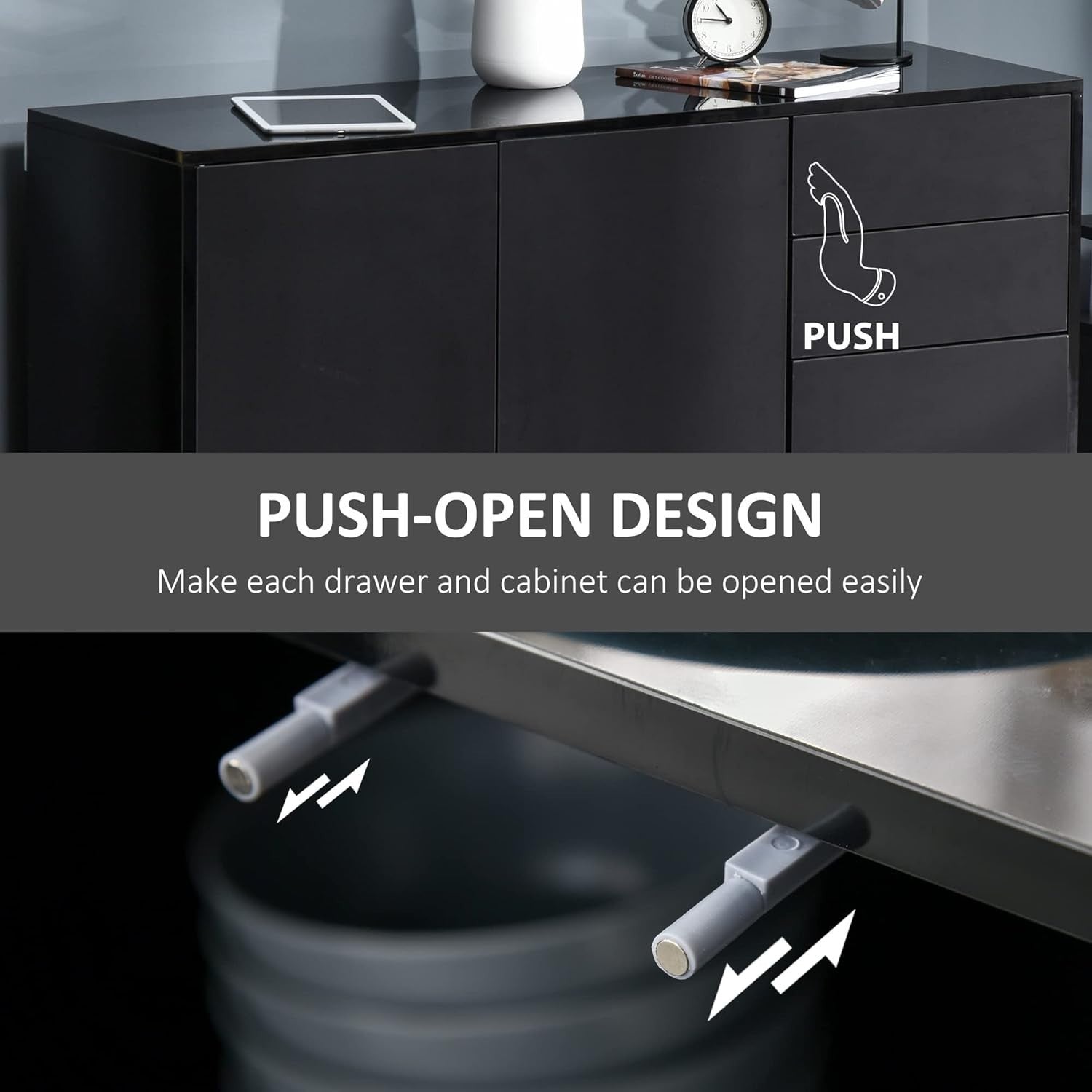 High Gloss Sideboard Cabinet with 2 Drawers & Push-Open Doors - Living Room