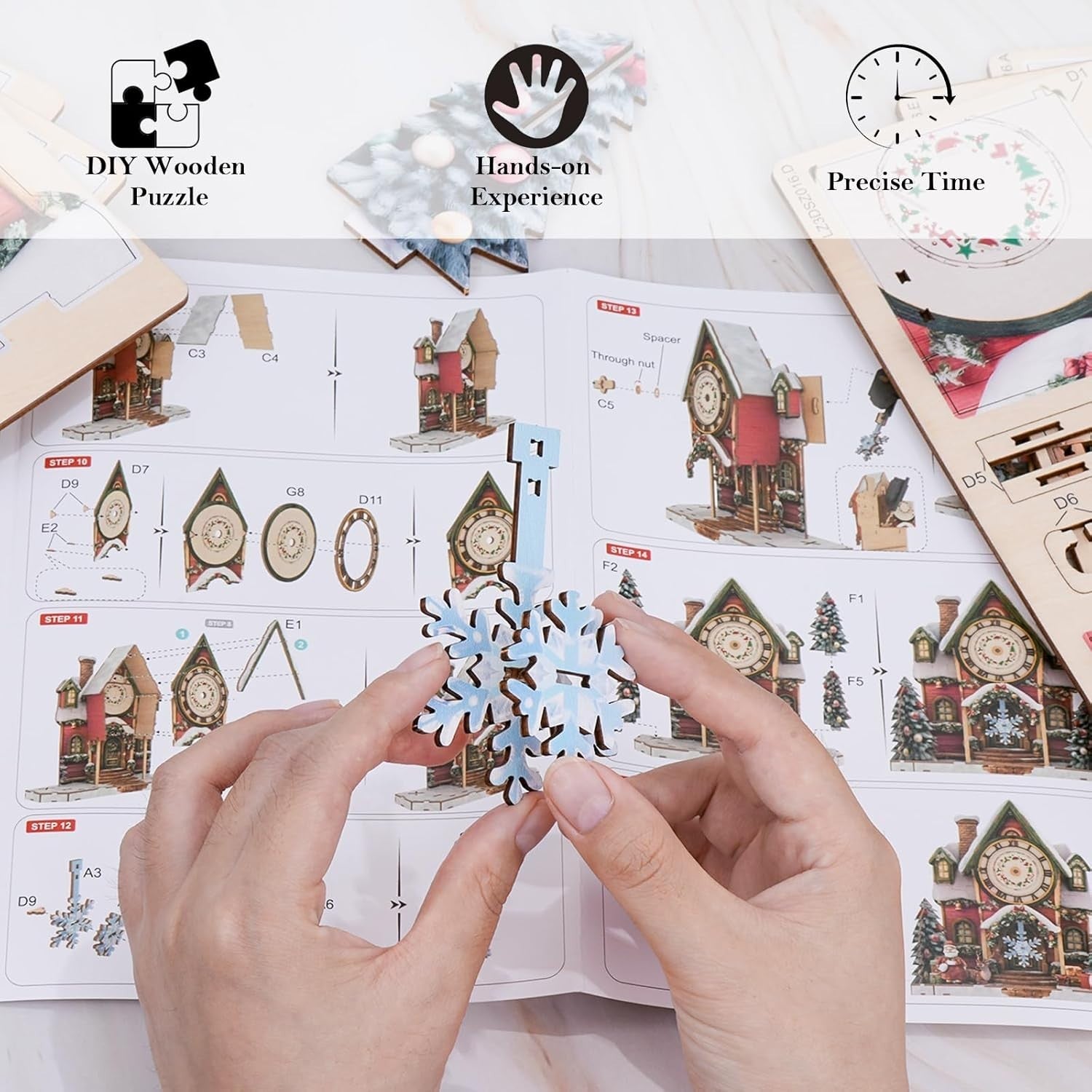 3D Wooden Clock Puzzle Kit Christmas Cottage Functional Wall Clock DIY