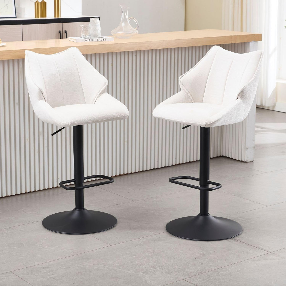 White Chenille Bar Stool Set of 2 Adjustable Swivel Kitchen Counter Chairs