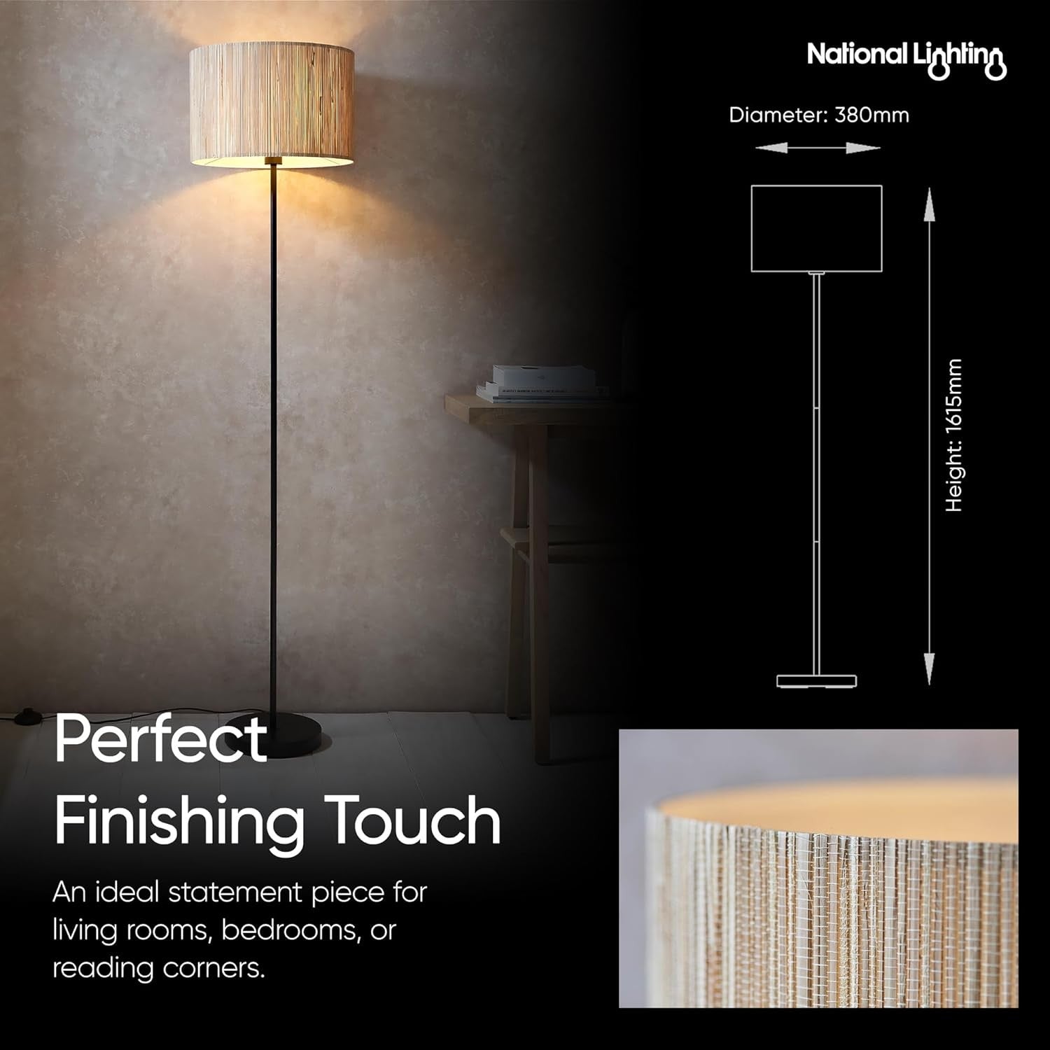 Natural Seagrass Floor Lamp Tall Standing Light E27 Woven Drum Shade
