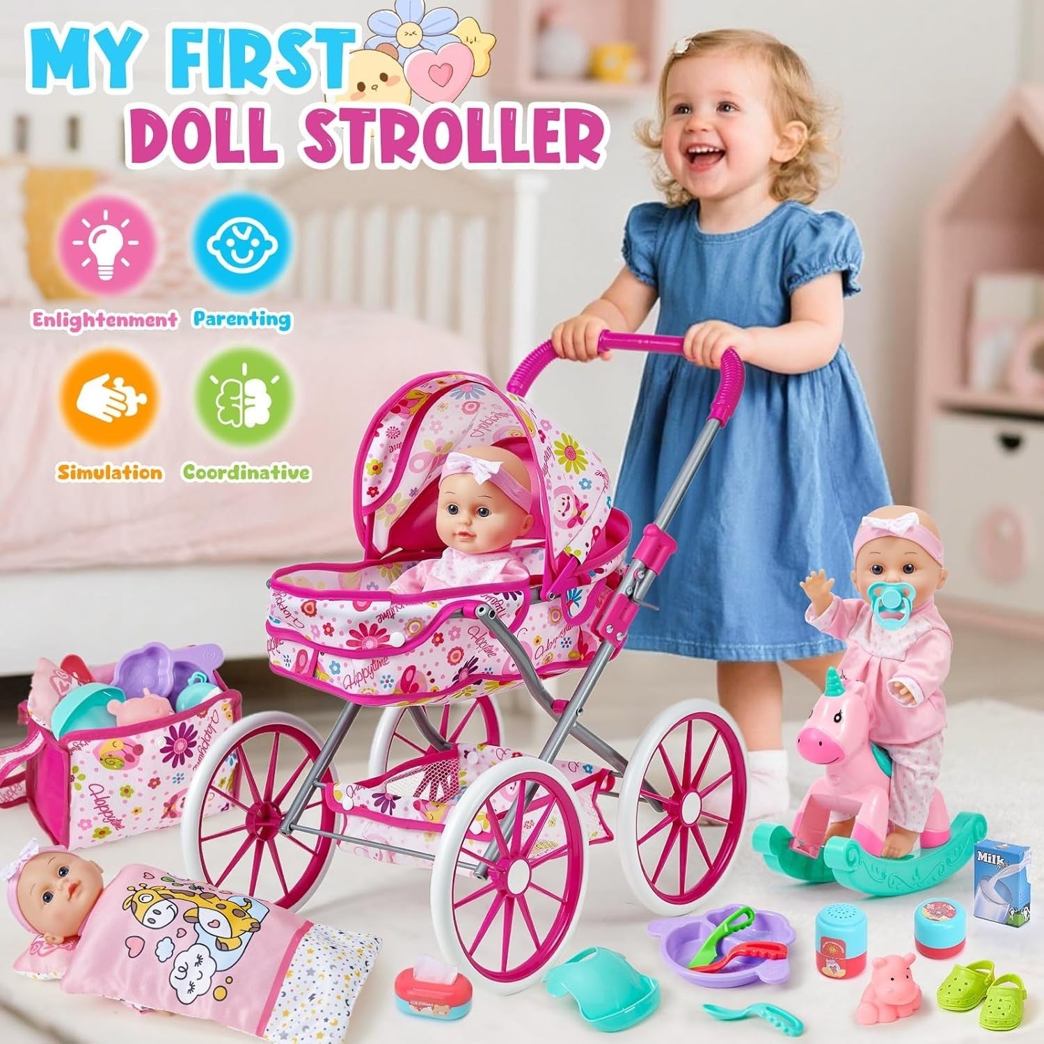 Baby Doll Playset w Stroller Rocking Horse Clothes Feeding Accessories