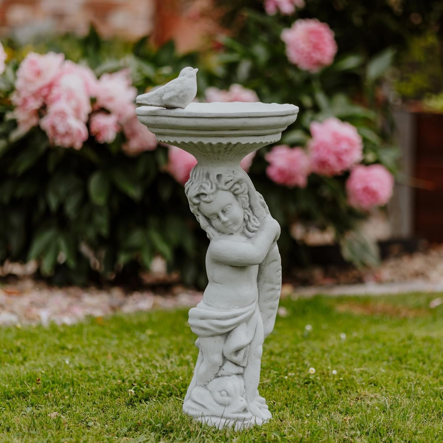 Boy with Large Stone Bird Bath Garden Ornament 54cm Frost-Proof Statue