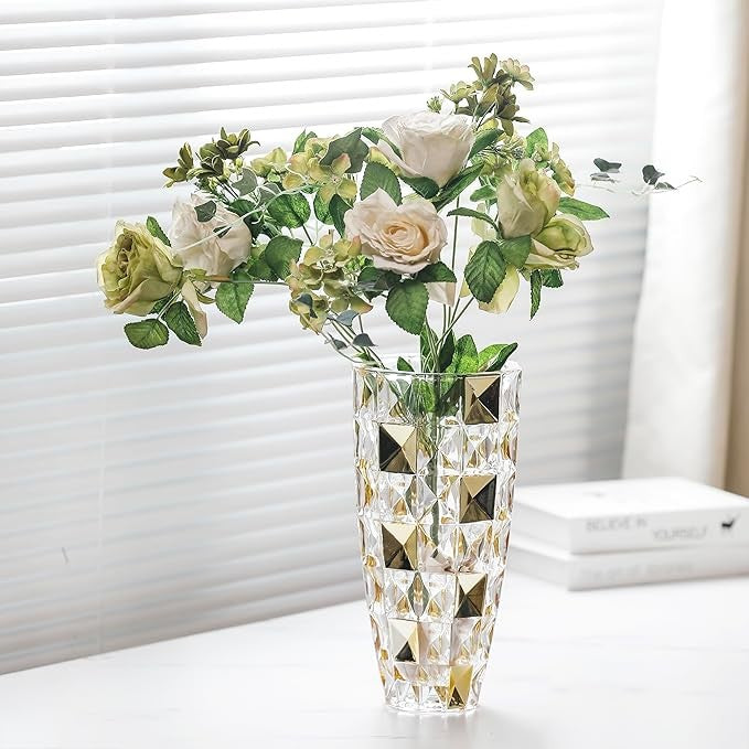 Gold Diamond Glass Vase Luxury Tall Crystal Style Flower Vase Home Decor