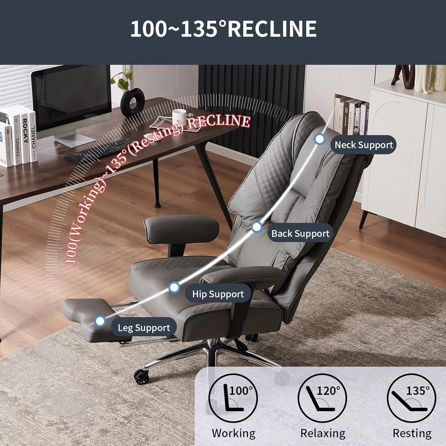 Big & Tall Office Chair Oversized Heavy Duty 400lb Max Load Grey Faux Leather