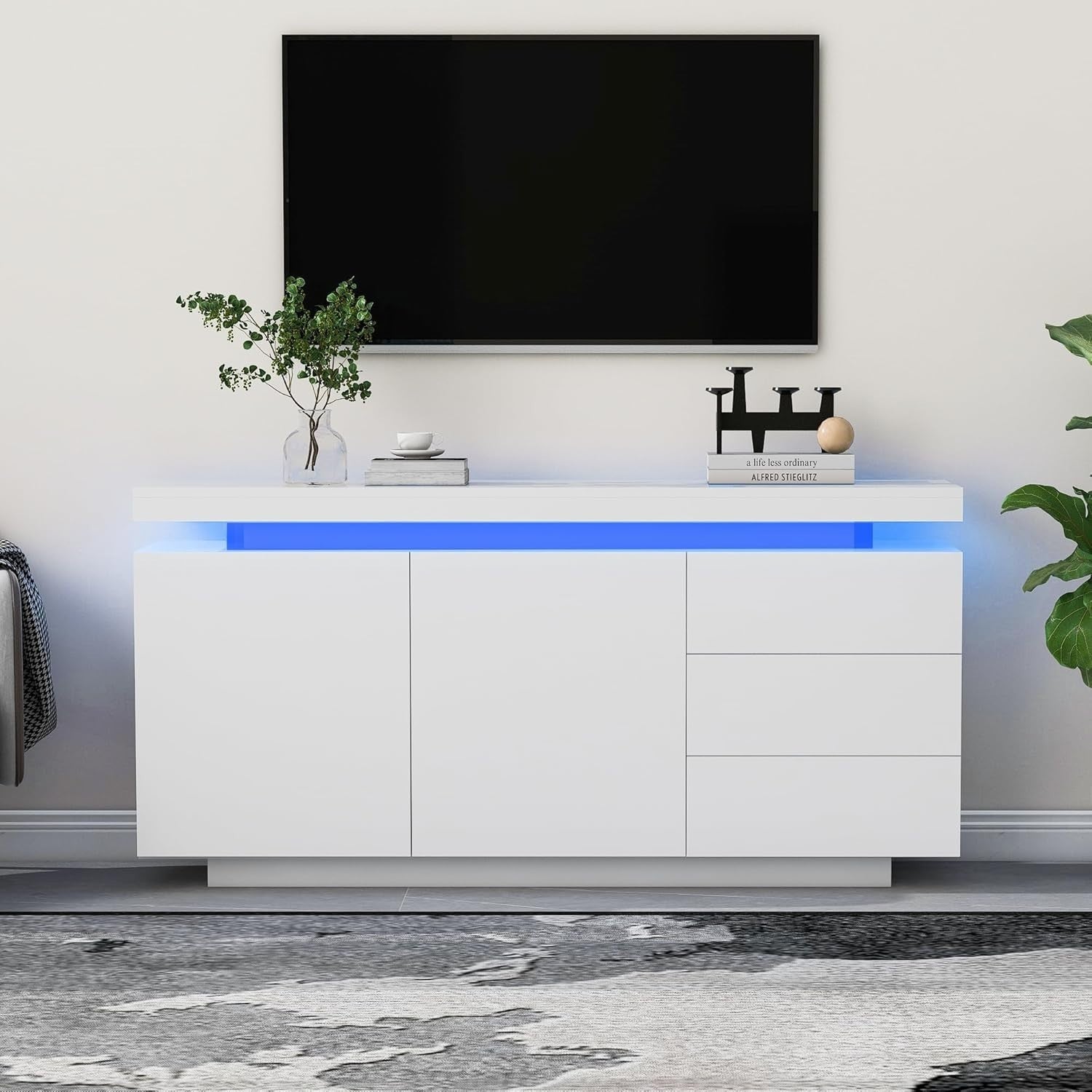 White LED Sideboard Cabinet 2 Door 3 Drawer Gloss Storage Unit Modern