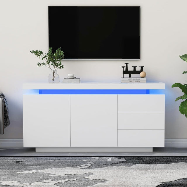 White LED Sideboard Cabinet 2 Door 3 Drawer Gloss Storage Unit Modern