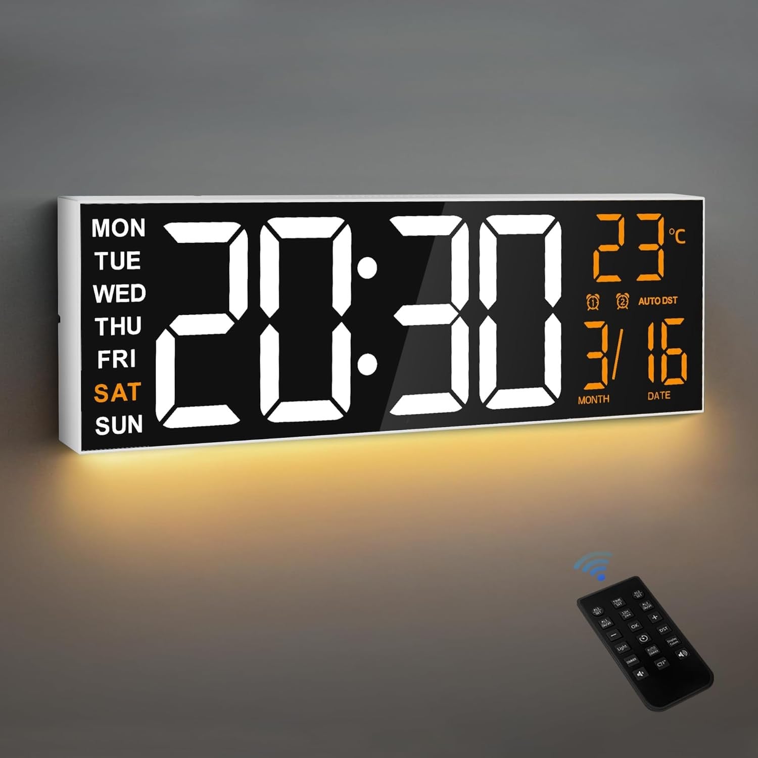 16 Inch Large Digital Wall Clock RGB LED Remote Alarm Temp Date