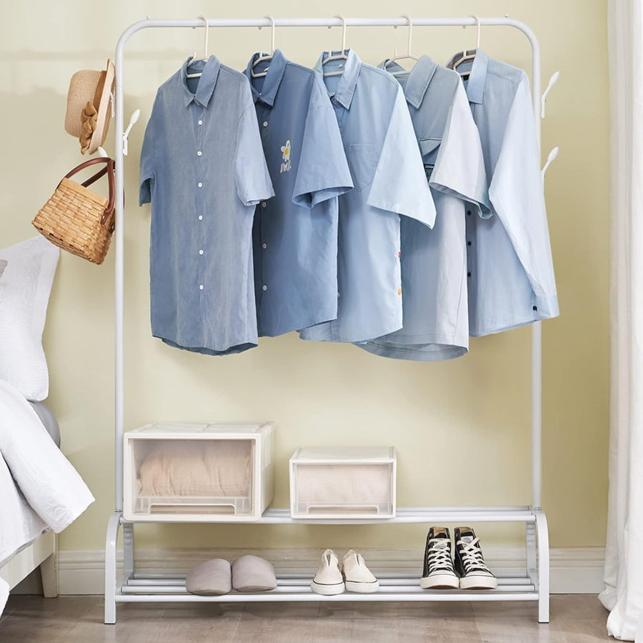 Heavy Duty Clothes Rail with 8 Hooks & Double Shoe Rack – White