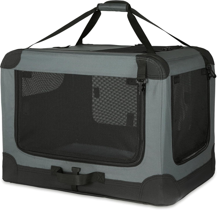 Medium Dog Cat Travel Crate Soft Folding Pet Carrier Cage 76x54x54cm Grey